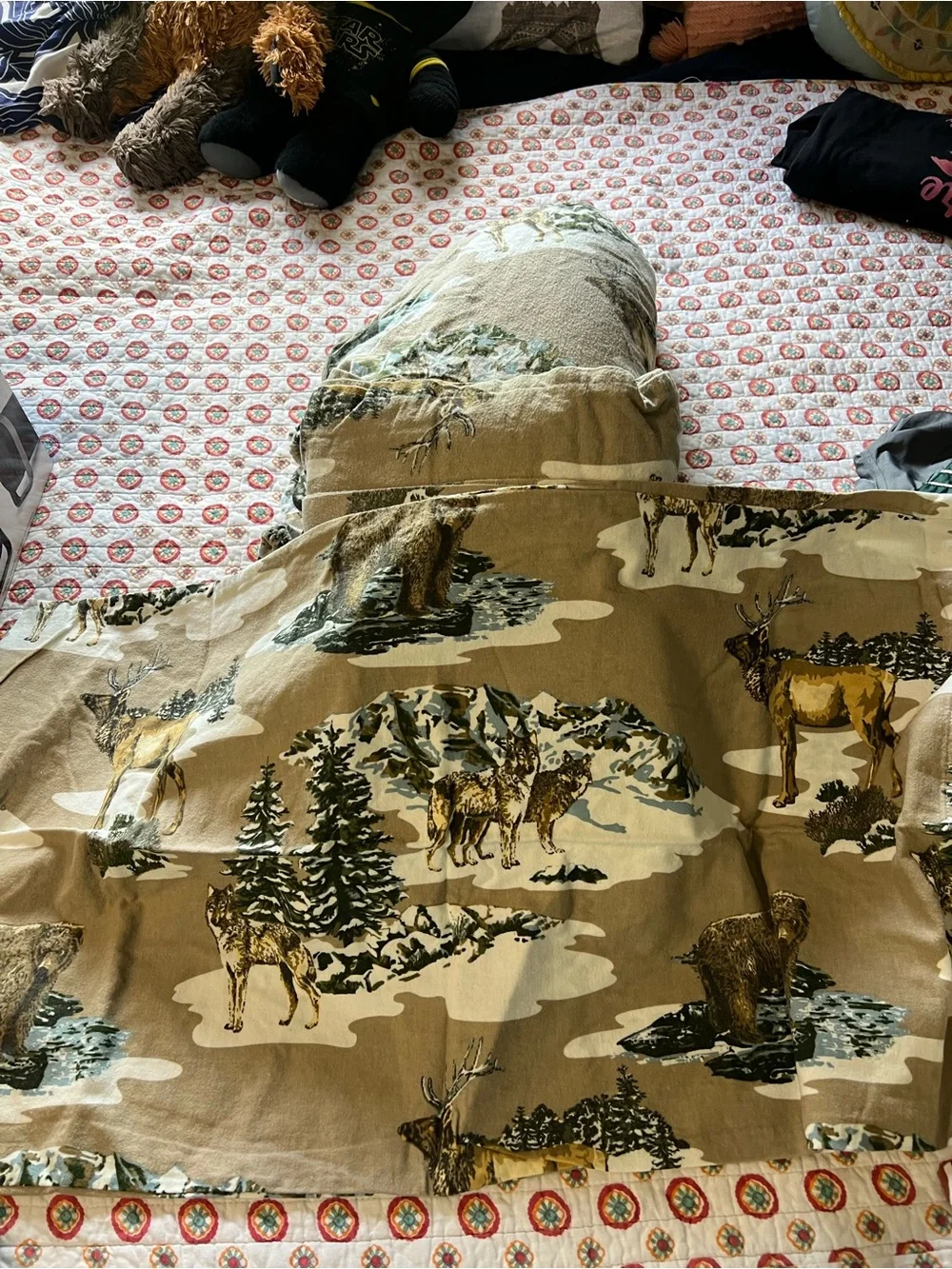 EUC King Bed Mainstays Flannel Woodland Animal Cabin Sheet Set